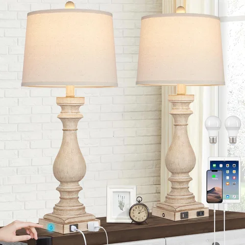 Vista 12 de Cinkeda Juego de 2 lámparas de mesa de 29 pulgadas de alto para sala de estar, lámparas vintage para mesita de noche con puertos USB C+A y salida