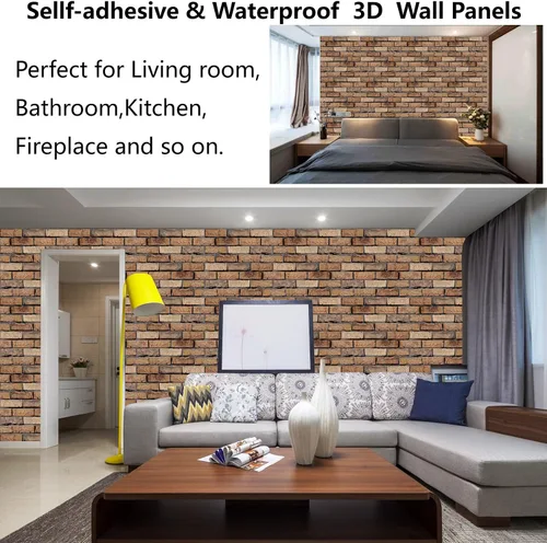 Vista 4 de Paneles de Pared 3D Despegar y Pegar - Paquete de 10 Paneles de PVC con Textura de Ladrillo, Azulejos de Pared Autoadhesivos Impermeables para rojo
