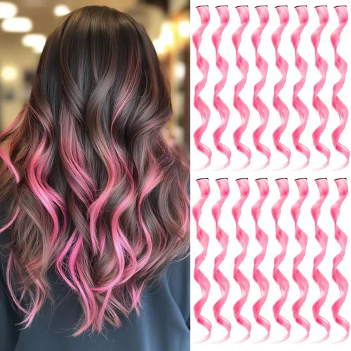 Vista 22 de 16 extensiones de cabello sintético rizado y ondulado con clip, para niñas y mujeres, coloridos resaltados para fiestas, cosplay, festival, regalo