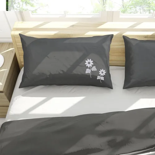 Vista 2 de Funda de almohada súper suave, microfibra cepillada, bordado elegante, gris estándar/tamaño Queen, juego de 2 piezas