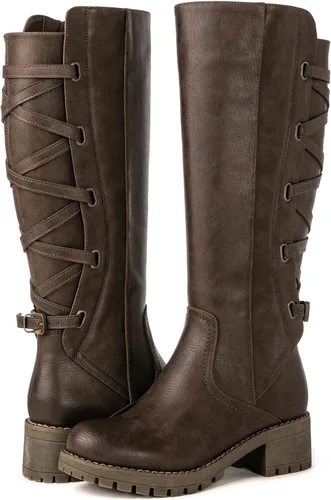 Vista 2 de GLOBALWIN Botas altas de motocicleta con tiras para mujer, botas de equitación de pantorrilla ancha con cordones en la parte trasera para otoño e