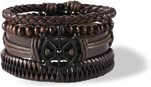 Vista 5 de GORGECRAFT Handmade PU Leather Bracelets Flat Round Braided Cuff Bangle Multi Layers Wood Beads Wrap Bracelet