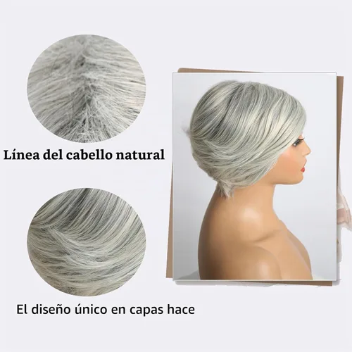Vista 5 de Aisaide Peluca Corta de Corte Pixie Gris Platino con Flequillo de Cortina Bob para Mujeres - Peluca Sintética con Raya Lateral Despeinada