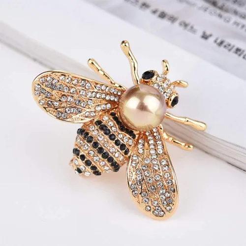 Vista 5 de HSQYJ - Broche de abeja con diseño de cristal, broche de animal de moda, perla, color dorado.