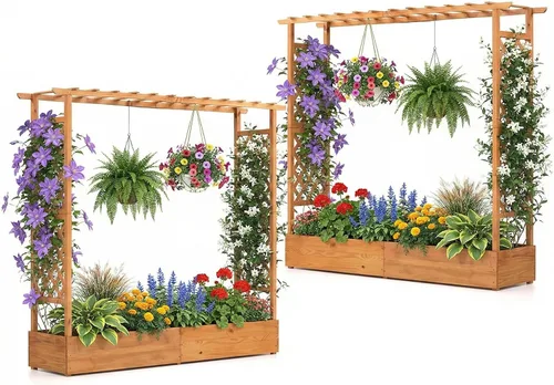 Vista 12 de HAPPYGRILL Cama de jardín elevada con enrejado y techo colgante