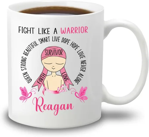 Vista 20 de Taza de café de concientización sobre el cáncer de mama con nombre personalizado, taza de café de 11 onzas, taza de té de cerámica blanca