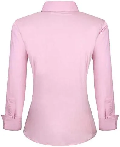 Vista 2 de Esabel.C Camisas de manga larga con botones para mujer, ajuste regular, blusa de trabajo elástica