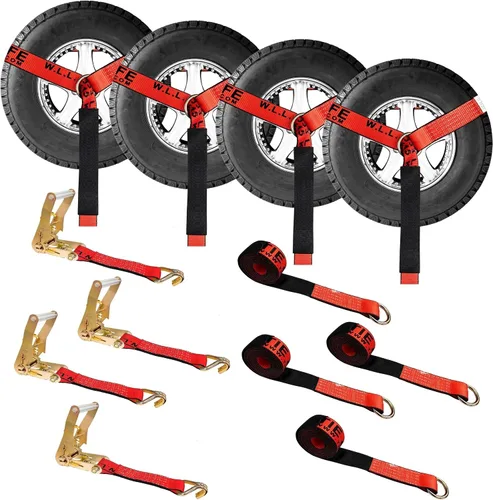 Vista 18 de Mega Cargo Control Juego de 4 correas de lazo de anillo D de elevación de rueda de 2 pulgadas x 10 pies con (4) trinquetes de 2 pulgadas, (4)