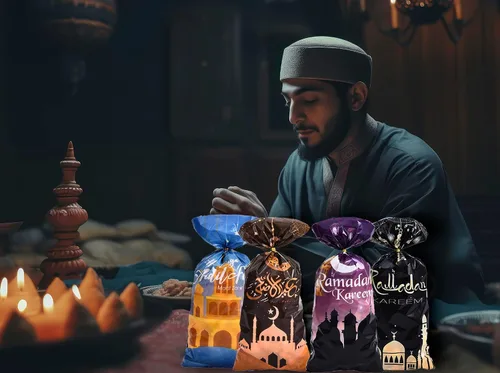 Vista 5 de Threetols 100 bolsas de celofán Eid Mubarak, bolsas de celofán de Ramadán Kareem, bolsas de regalo de celofán Eid Moon Star transparentes