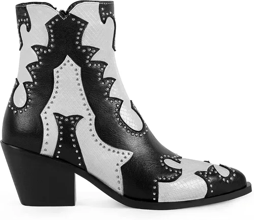 Vista 2 de ANN CREEK Botas vaqueras de tobillo para mujer, botas vaqueras con remaches y tachonadas, botas vaqueras occidentales, botas cortas con remaches