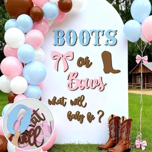 Vista 2 de Adhesivos de madera para señalización de revelación de género, arco de globos "¿Qué será el bebé?", botas o lazos, suministros de decoración