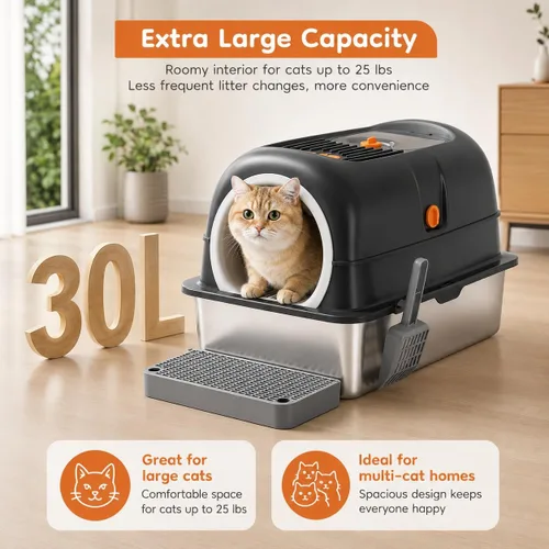 Vista 7 de Stainless Steel Litter Box 23.6", Enclosed Dual Entry XL