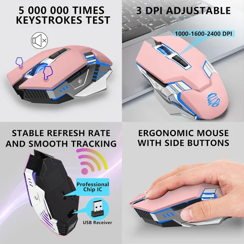 Vista 6 de Ratón inalámbrico Bluetooth, mouse multidispositivo recargable silencioso, BT5.03.0 y USB inalámbrico, ratones de computadora con luz RGB