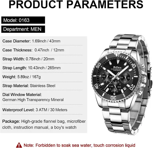 Vista 7 de Relojes para hombre, cronógrafo, acero inoxidable, impermeable, fecha analógica, de cuarzo, de negocios, relojes de pulsera, A2-plata
