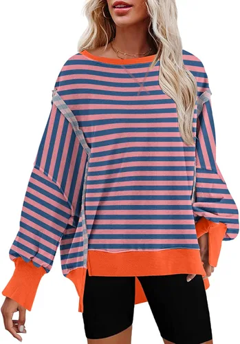 Vista 9 de SHEWIN Sudadera casual de gran tamaño de manga larga con costuras inversas y cuello redondo para mujer Un negro