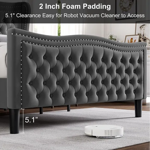 Vista 6 de Estructura de cama Full con cabecera y pie de cama altos, estructura de cama plataforma tapizada en terciopelo con respaldo tipo alas acolchado