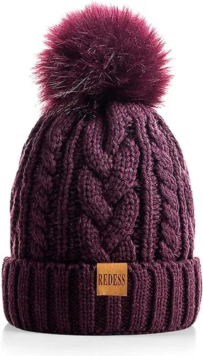 Vista 11 de Redess Gorro de invierno con pompón y forro polar cálido, grueso y holgado, tejido, para la nieve, para esquiar, para mujer Beige