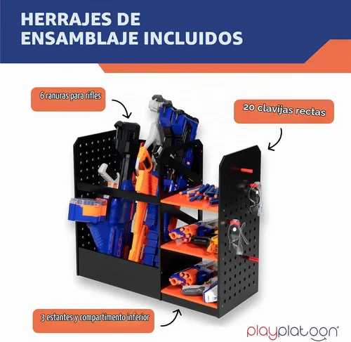 Vista 3 de Play Platoon Estante de almacenamiento para pistola Nerf - Organizador de tablero de clavijas de pared de 6 pistolas Includes 20 Storage Pegs