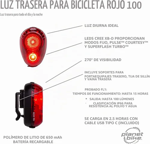 Vista 14 de Planet Bike Luz trasera para bicicleta Rojo 100 USB