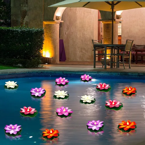 Vista 7 de Paquete de 6 velas de té de loto flotantes – Velas LED de lirio de agua de 4 pulgadas para piscina, baño, boda, decoración de fiesta, luces