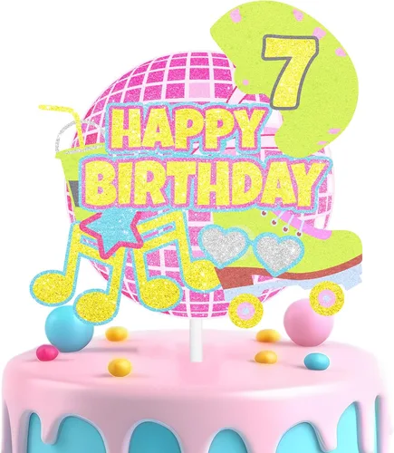 Vista 12 de Decoración retro de pastel de patinaje sobre ruedas para niñas, temática de discoteca de décimo cumpleaños, decoración de notas musicales, fiesta