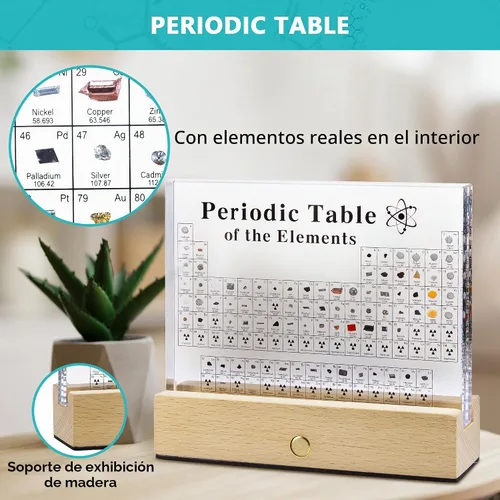 Vista 3 de MegaBox Tabla Periódica de Elementos con 83 Elementos Reales, Exhibición de Tabla Periódica de Acrílico con Soporte de Madera, 6 Tarjetas