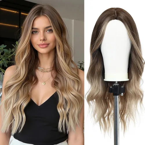 Vista 31 de Esmee Pelucas largas de color castaño rojizo ombré para mujer, peluca de cabello sintético ondulado y rizado natural para uso diario, fiestas