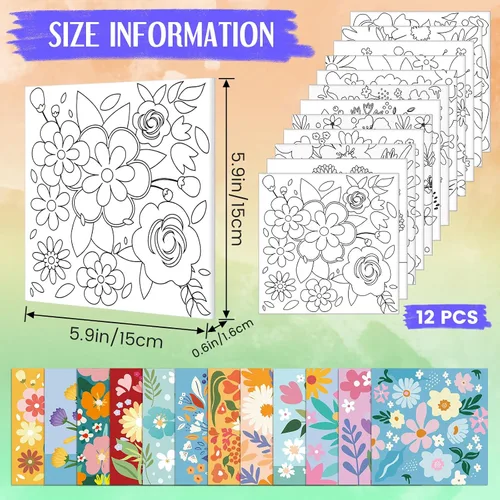 Vista 2 de Teling Kit de 12 lienzos estirados predibujados para adultos, pintura preimpresa, contorno de lienzo para bricolaje, recuerdos de fiesta, 6 x 6 x