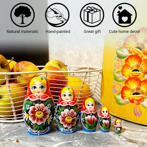 Vista 4 de AEVVV Juego de 5 muñecas nido rusas tradicionales - Muñecas de anidación Babushka hechas a mano con flores - Muñeca Matryoshka con decoraciones