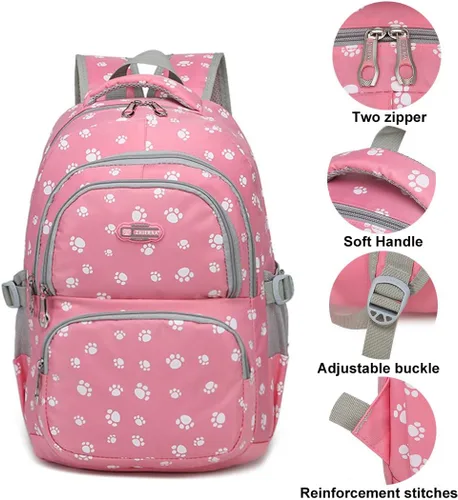 Vista 4 de JiaYou Mochila escolar con estampado de huellas de perro para adolescentes, niñas, estudiantes de escuela primaria, Morado 3pcs, Mochilas Daypack