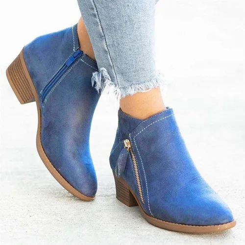 Vista 7 de Botas para mujer, botines de tobillo 2022, a la moda, de otoño, con cremallera lateral, punta puntiaguda, bloque grueso, tacón medio, liso, casual