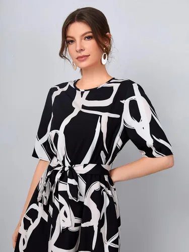 Vista 4 de WDIRARA Vestido largo de manga corta con cuello redondo y cinturón para mujer, vestido elegante