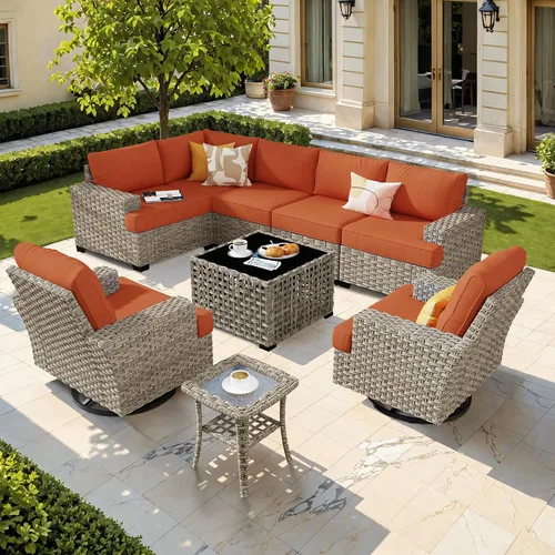 Vista 83 de HOOOWOOO Juego de Muebles Seccionales para Patio al Aire Libre, 6 Piezas Juegos de Conversación de Mimbre Sofá en Forma de L, Sofá Extra Profundo