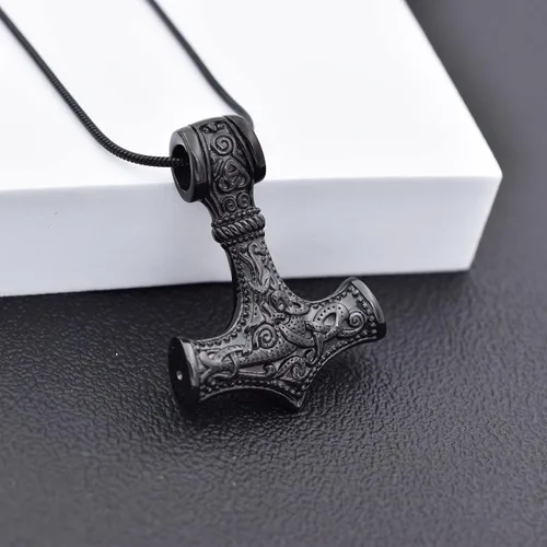 Vista 8 de Collar de urna de talismán de martillo de Thor vikingo nórdico para cenizas, acero inoxidable para hombre, joyería de cremación vintage, amuleto