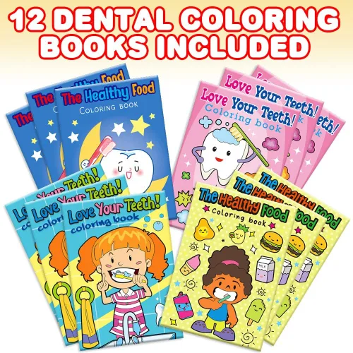 Vista 2 de ArtCreativity Kit de libros para colorear dentales para niños, incluye 12 mini libros para colorear y 12 cajas de 4 crayones cada uno, divertidos