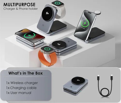 Vista 2 de Estación de carga 3 en 1, soporte de cargador inalámbrico Magsafe Qi2, estación de carga inalámbrica plegable compatible con tu Apple iPhone