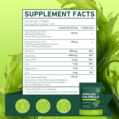 Vista 4 de Cápsulas blandas de Spirulina Chlorella Mezcla Super Greens con hierba de cebada, col rizada y clorofila Equivalente a 3,000 mg por porción