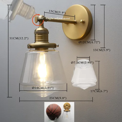Vista 8 de Phansthy Lámpara de pared industrial, lámpara de pared ajustable de 180 grados, lámpara de pared con pantalla de vidrio, iluminación decorativa