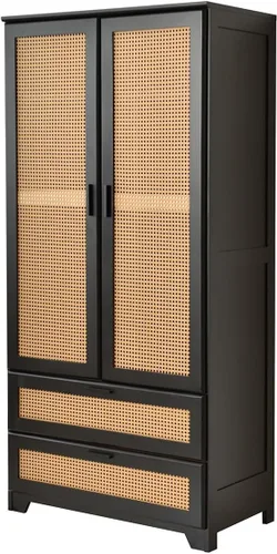 Vista 7 de Armario de madera de pino con puertas de ratán y dos cajones (negro)