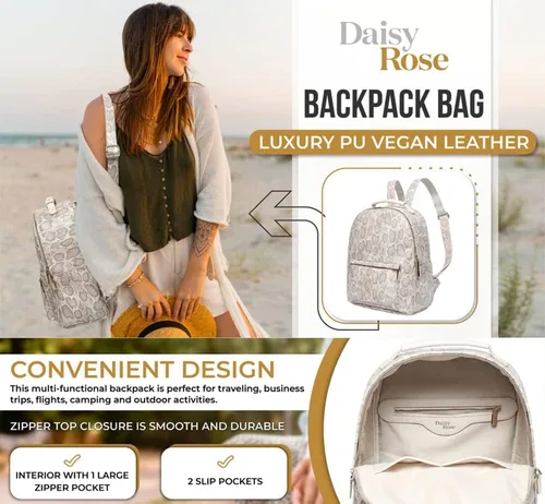 Vista 9 de Daisy Rose Mochila de viaje para el trabajo, escuela, vuelos de avión y campamento, piel vegana sintética, crema serpiente, talla única, Viajar