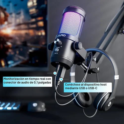 Vista 6 de JARO Micrófono USB para podcast con brazo de brazo, micrófono de condensador de estudio con monitoreo en tiempo real, silencio, control de volumen