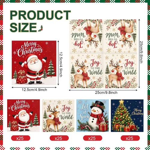 Vista 2 de Faccito 100 Pcs Christmas Napkins, Santa Paper Towel for Winter Holiday 3 Ply Disposable Cocktail Napkins, Merry Christmas Tree, Snowman, Elk, Xmas