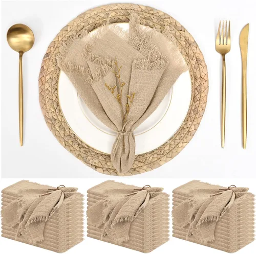 Vista 10 de Paquete de 12 servilletas de lino y algodón beige de 16 x 16 pulgadas, hechas a mano con flecos, servilletas de tela suave, lavables y rústicas