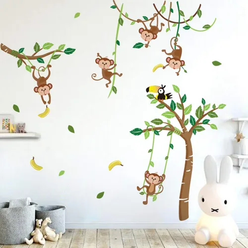 Vista 7 de Runtoo Calcomanías de pared de mono con diseño de árbol de animales de la selva para decoración de pared de dormitorio de niños Árboles de mono