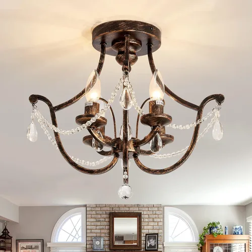 Vista 10 de UOFUS - Lámpara de techo de 3 luces estilo granja vintage, semiempotrada, en bronce rústico metálico, para isla, sala de estar, dormitorio, cocina