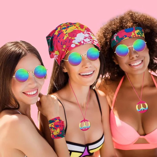 Vista 6 de Frienda - 3 piezas de accesorios hippie para disfraz de leopardo teñido anudado de los años 70, diademas hippie para hombres, collar con signo