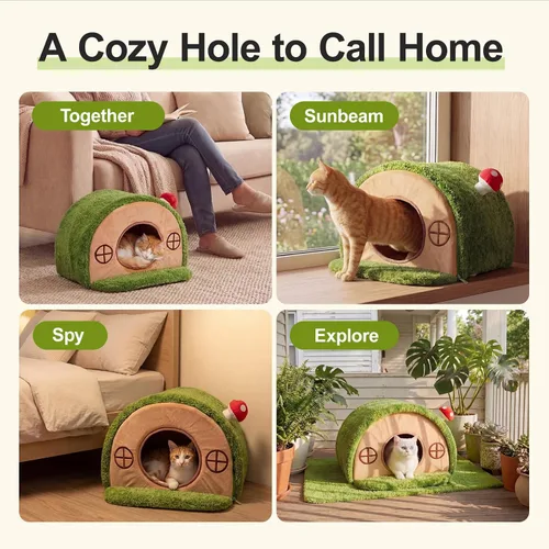 Vista 8 de Casa para gatos de interior – Bonita cueva de cama para gatos, con agujero de árbol, tienda de campaña para gatitos y mascotas pequeñas y medianas
