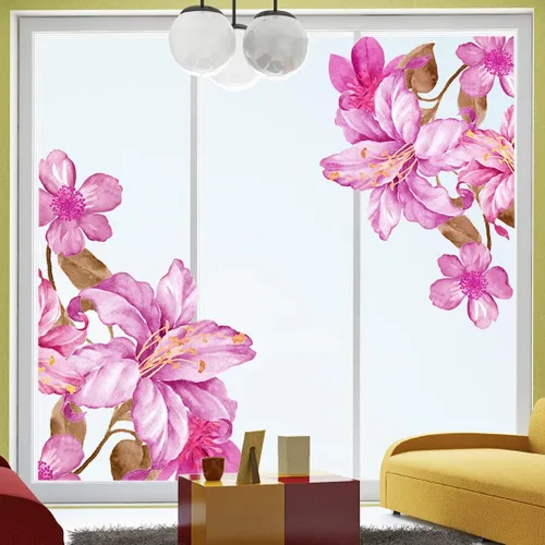 Vista 3 de Calcomanías de pared de flores rosas gigantes, calcomanías de pared florales de lirio, bricolaje, extraíble, flor de durazno, hojas marrones
