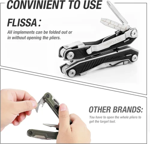 Vista 4 de FLISSA Multiherramienta 16 en 1 con mango G10, regalos para hombres, papá, multiherramienta EDC de acero inoxidable con cuchillo de bolsillo