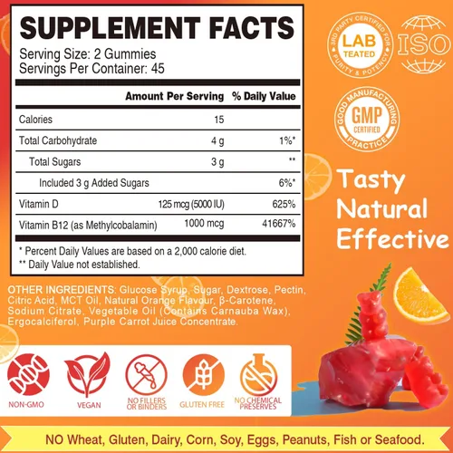 Vista 5 de Gomitas veganas de vitamina D3 y B12, suplemento de metilo B12 para adultos y niños, mejorado con vitamina D 3 para energía natural, inmune